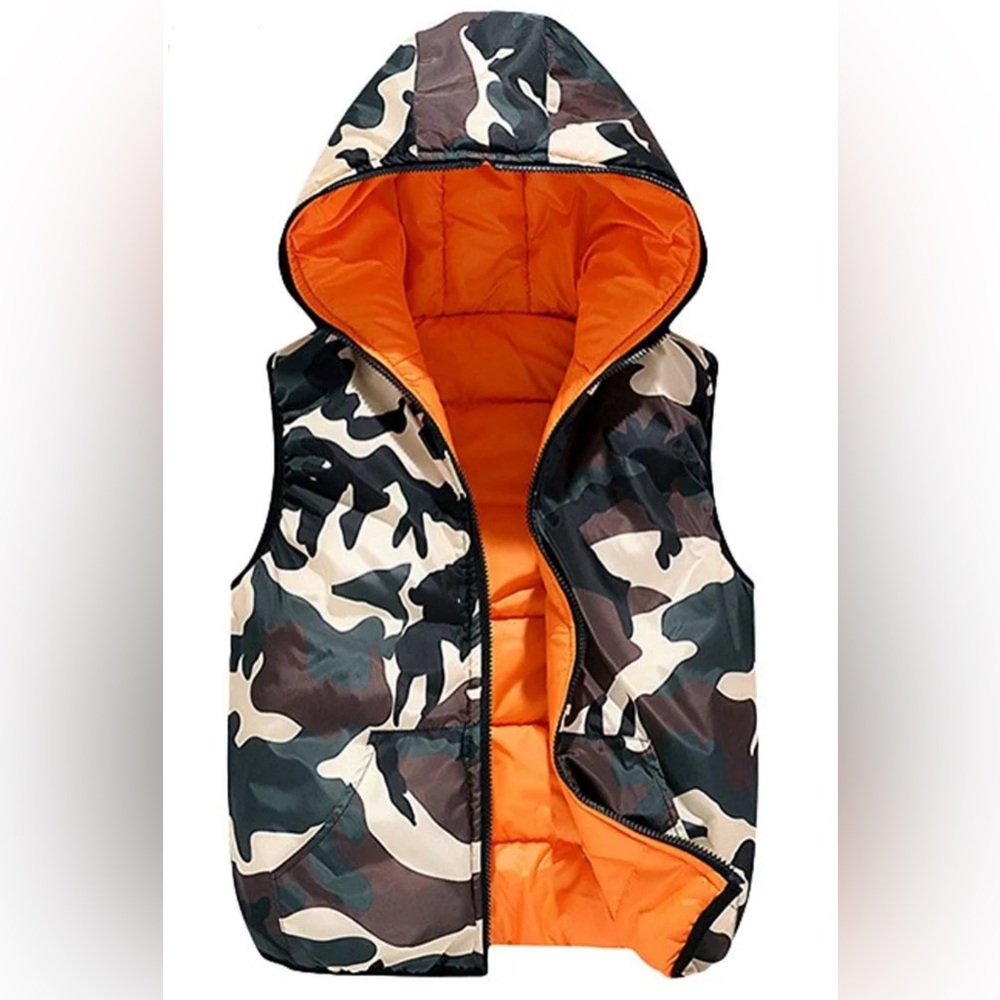 Boys 9-10 Lightweight Hooded Puffer‎ Vest Jacket Reversible Camo/hunters orange